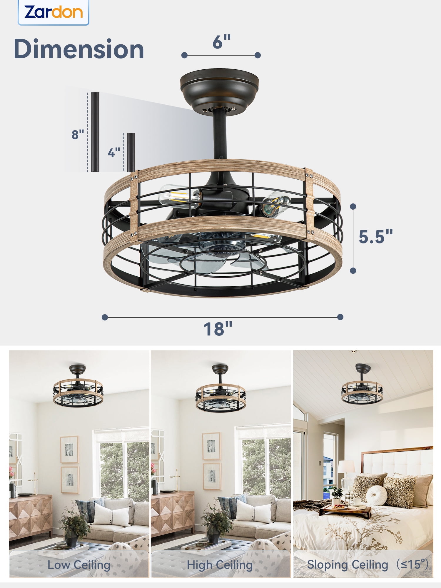 Zardon 18" Brown Antique Caged Indoor Ceiling Fan with Quiet DC Motor,  LED Lights, Remote Control, 6 Speeds