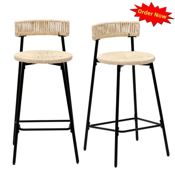 Tcbosik Modern Barstools Set of 2, Handwoven Paper Rope Counter Height Bar Stool, Boho Bar Chair with Metal Frame for Kitchen Island, Dining Room, Living Room, Creamy White