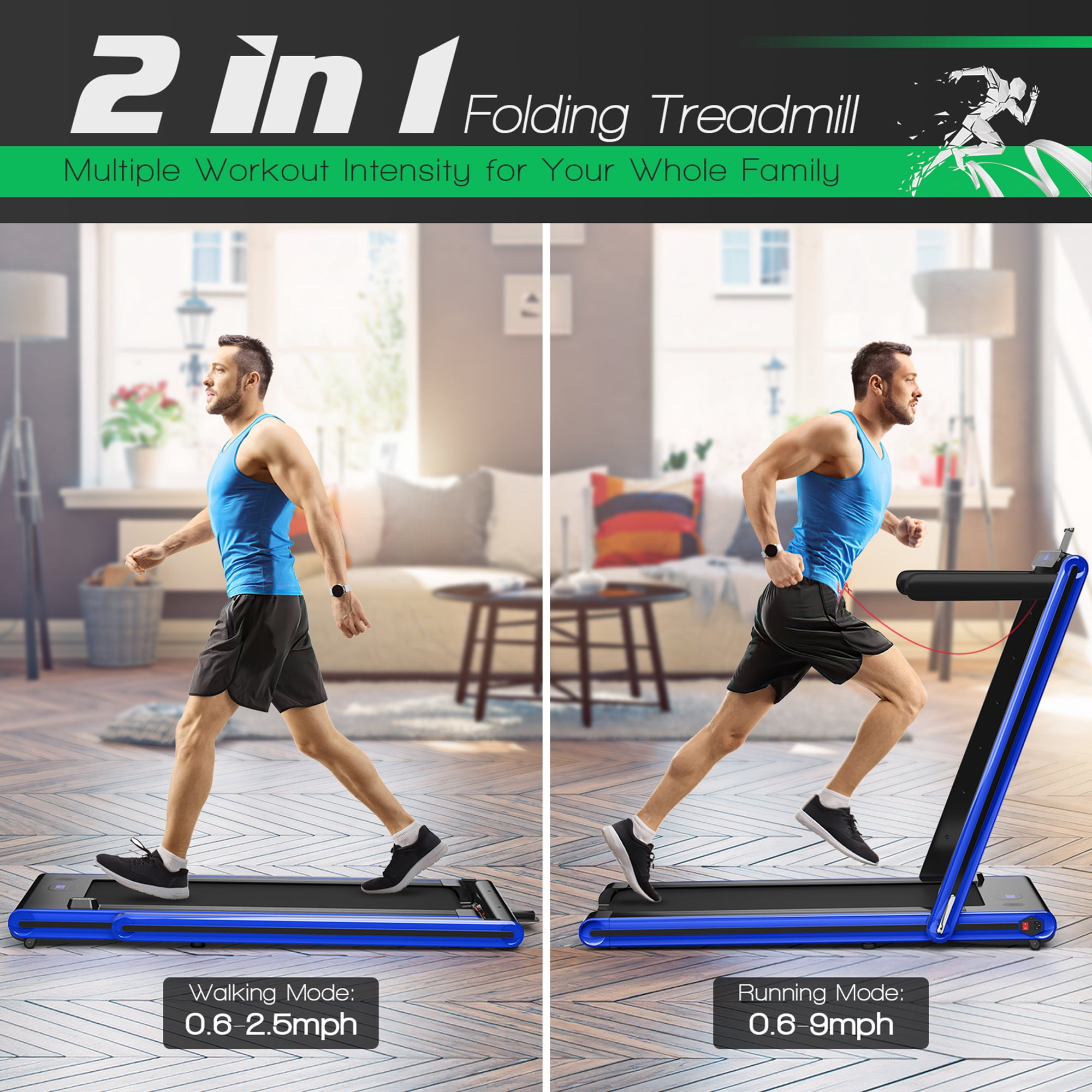 Gymax 2.25HP Folding Treadmill 2-in-1 Walking Running Machine w/ APP & Remote Control Blue