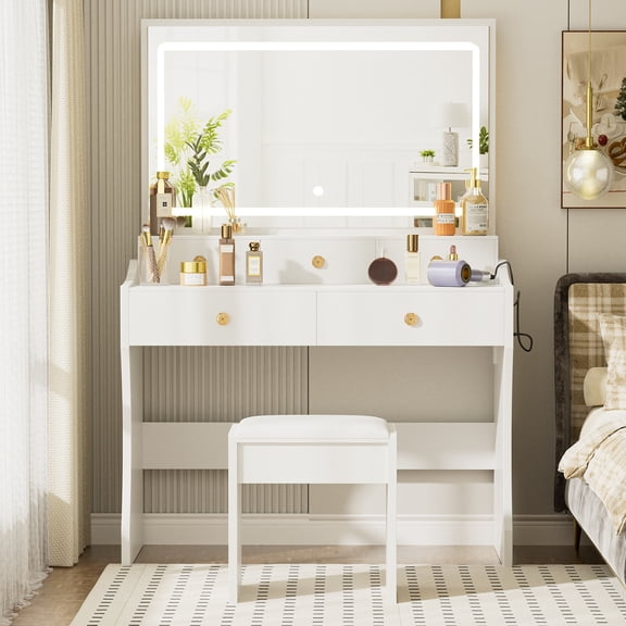 LUCKLIFE White Vanity Desk with Mirror and Lights, 5 Drawers & Charging Station, Vanity Table and Chair Set