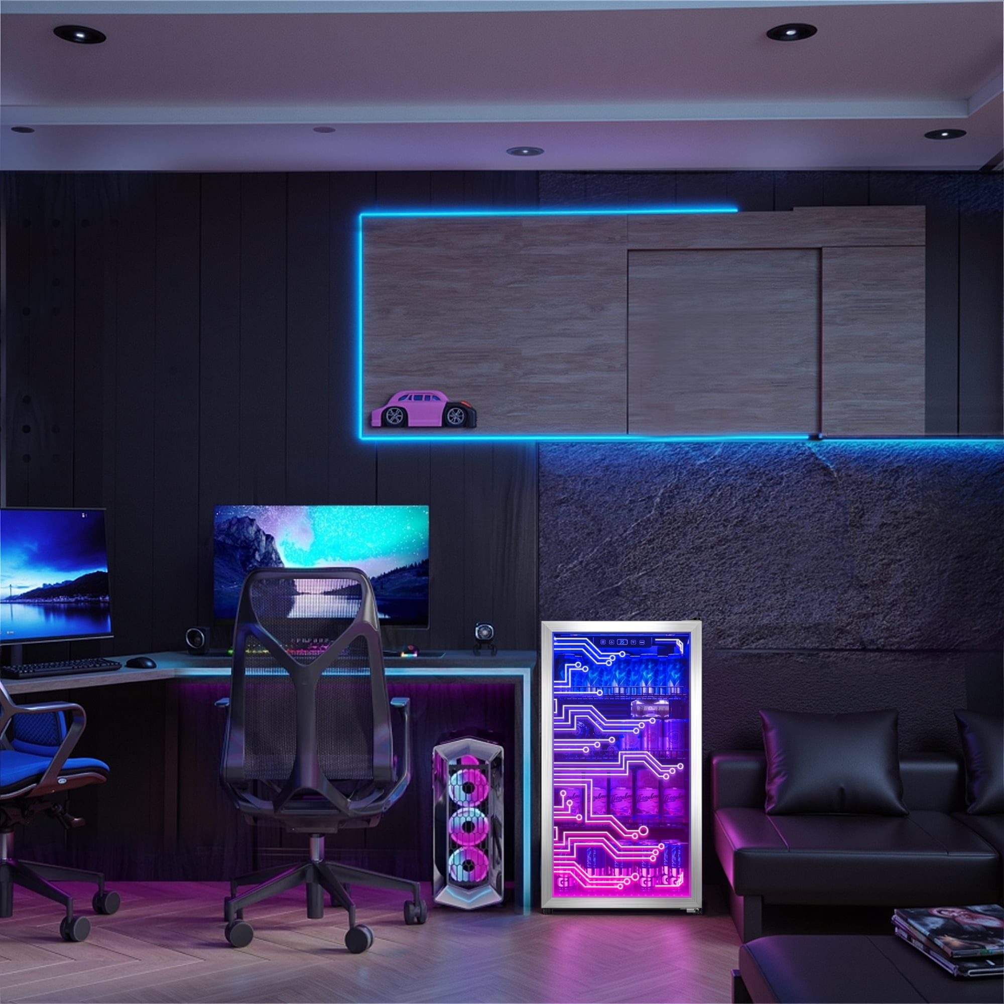 Patiosunny 126 Cans Light up Beverage Refrigerator, LED Lighting Door Freestanding Cooler for Gaming Room, Bar, Party
