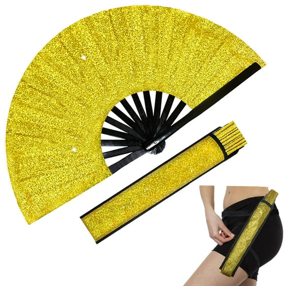 Ventilador plegable Rave dmjuncong, grande y brillante, con correa para las piernas y bolsa, color dorado
