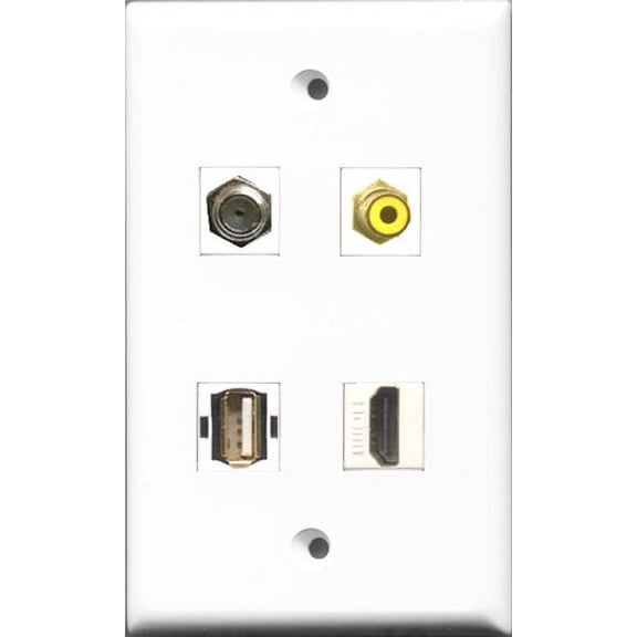 RiteAV 1 Port HDMI and 1 Port RCA Yellow and 1 Port Coax Cable TV- F-Type and 1 Port USB A-A Wall Plate