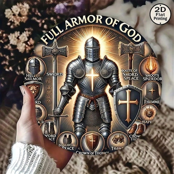 HELLOYOUNG Christian Metal Wall Art, God's Armor Vintage Cross Sign, 8 Inch Church Knight Decor, Handmade Iron Wall Sculpture, Religious Home Gift