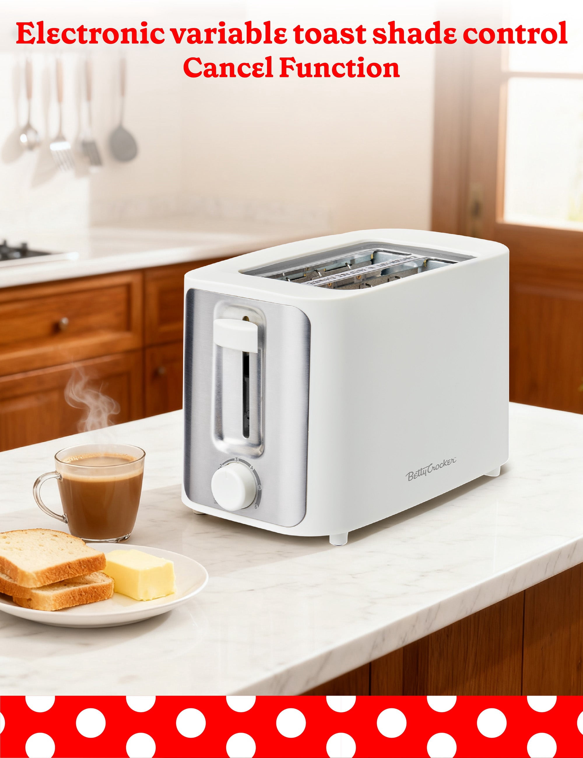 Betty Crocker 2-Slice Toaster, 900W, Variable Toast Shade Control, High Lift Feature, Cool Touch Housing, Bread Centering Guides, BC-5632W, White