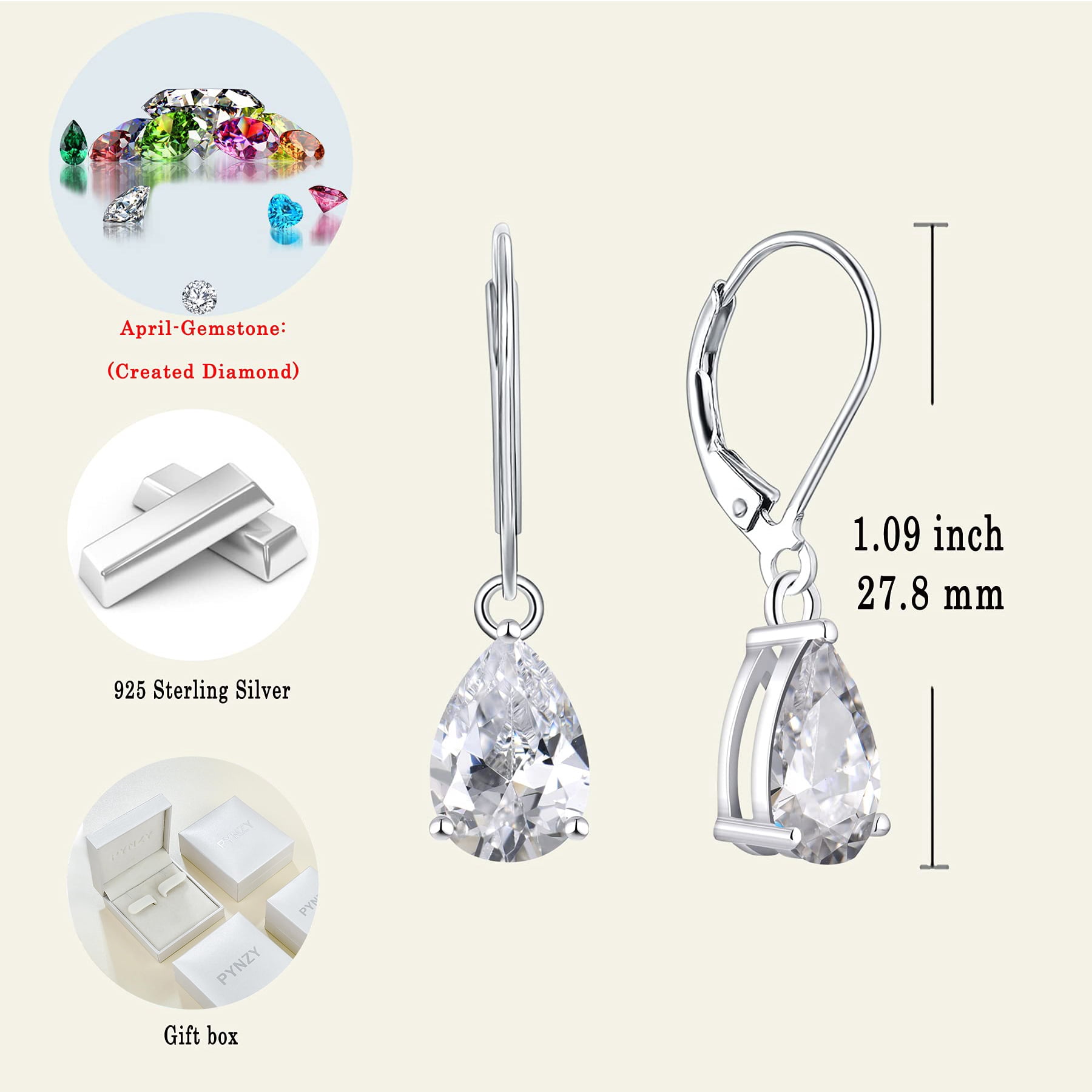 PYNZY Dangle Drop Earrings Sterling Silver Solitaire Leverback Teardrop Earrings for Women Birthstone Cubic Zirconia Jewelry Gifts for Moms
