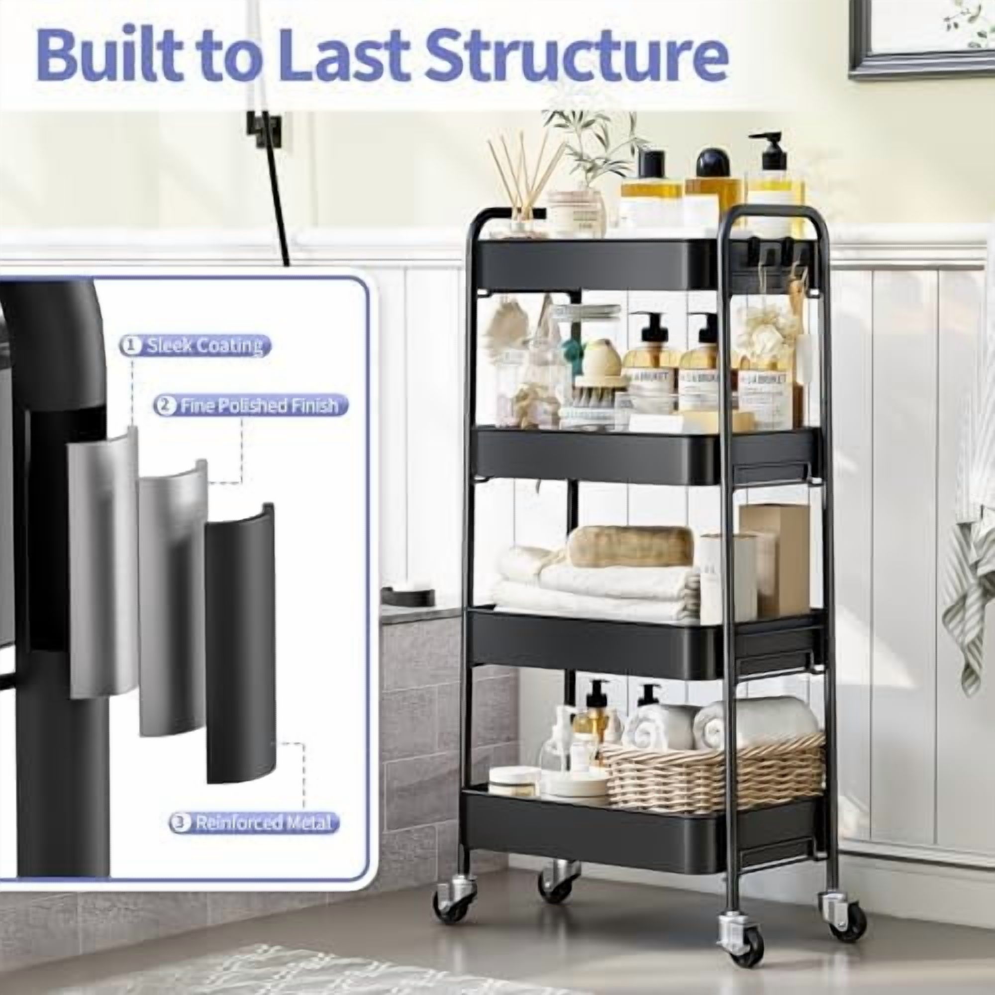 4-Tier Metal Rolling Cart with Wheels, Storage Utility Organizer Cart for Kitchen, Bathroom, Office, Baby Essentials & Makeup - Lockable Casters, Easy Assembly, Large Capacity, Black