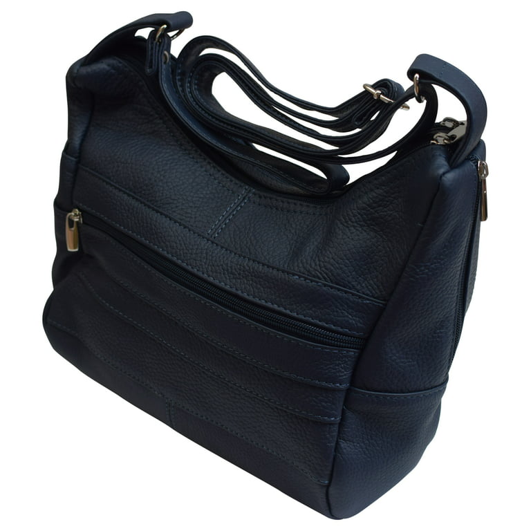 Womens Genuine Leather Purse Adjustable Strap Mid Size Multi Pocket Shoulder  Bag Navy Blue