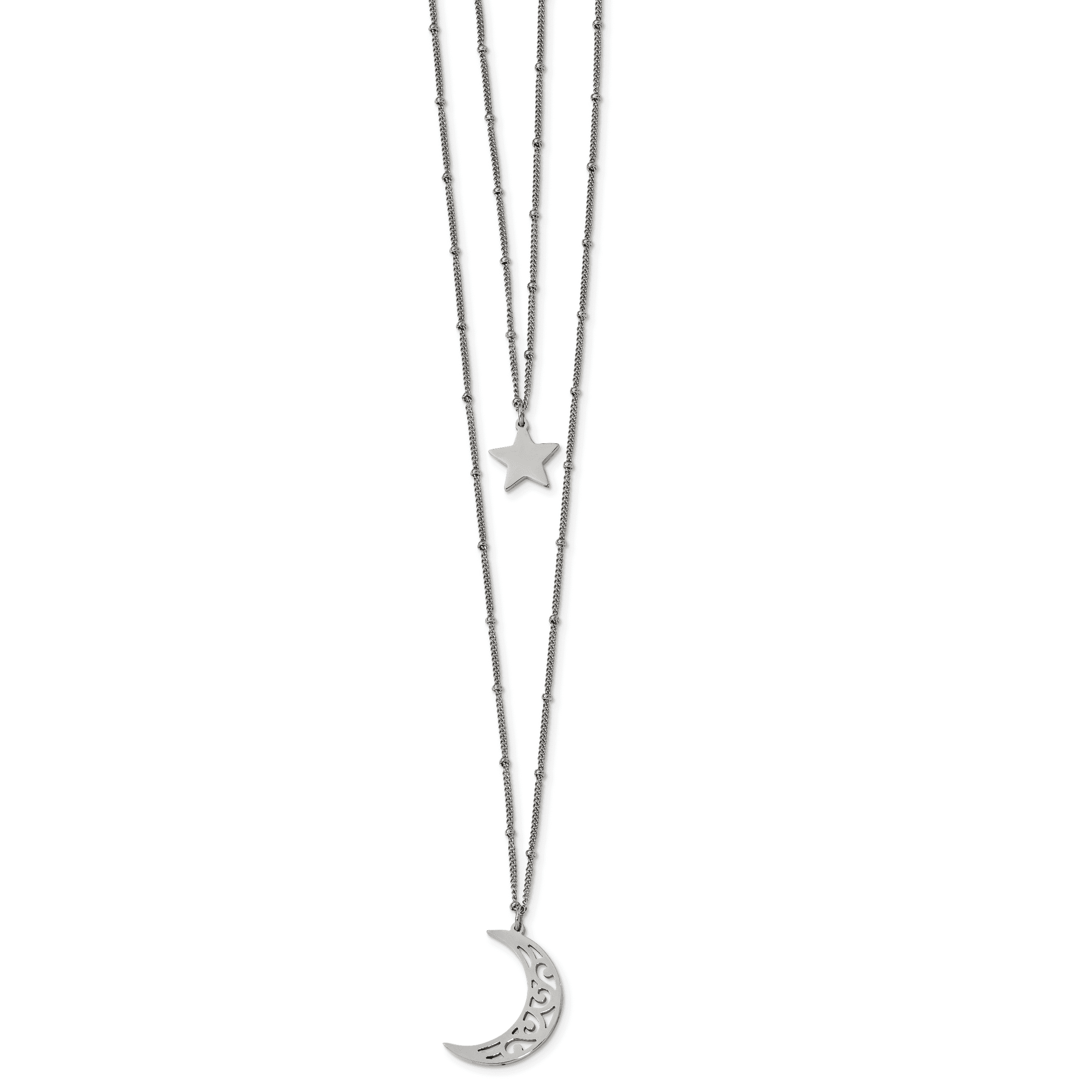 Stainless Steel Polished 2 Strand Beaded Star And Moon 30 Stainless Steel Polished 2 Strand Beaded Star And Moon 30