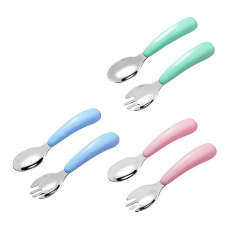 

2/3 Set Toddler Fork and Spoon Set Round Corner Design Stainless Steel Self Feeding Baby Utensils Cutlery Gift for Kids 3 Sets Of Solid Colors (green Blue Pink)