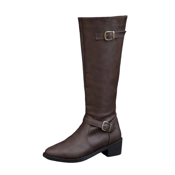 WEAIXIMIUNG Ankle Boots for Women Low Heel Ladies British Style Leather Belt Buckle Decorative Side Zipper Dashion Long Tube Knee Boots