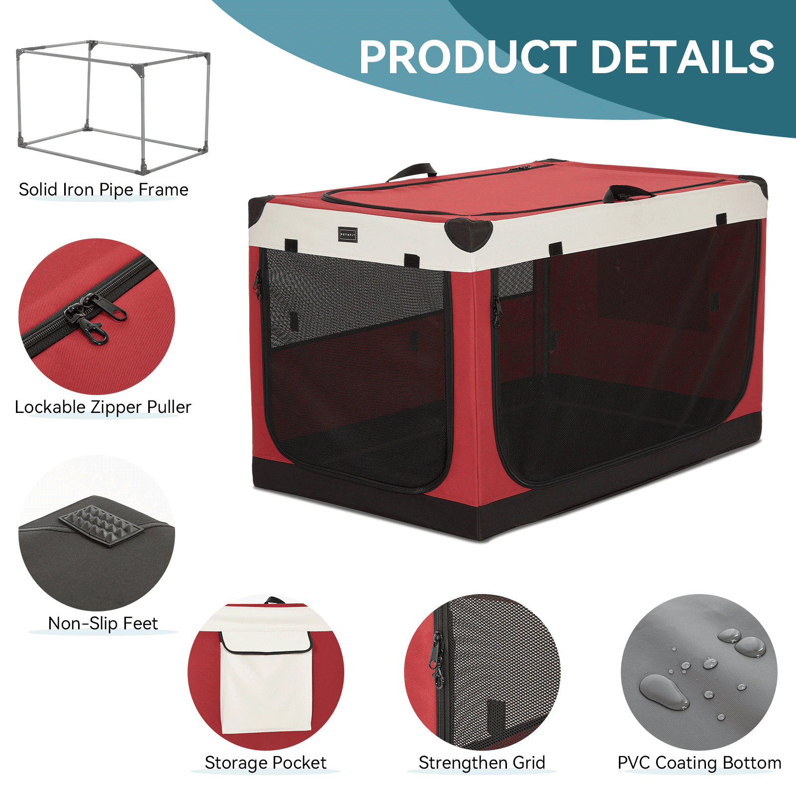 Petsfit 39.5 Inch Dog Kennel, Adjustable Fabric Cover by Spiral Iron Pipe, Chew Proof 3 Door Design, Soft Portable Dog Crate,Red