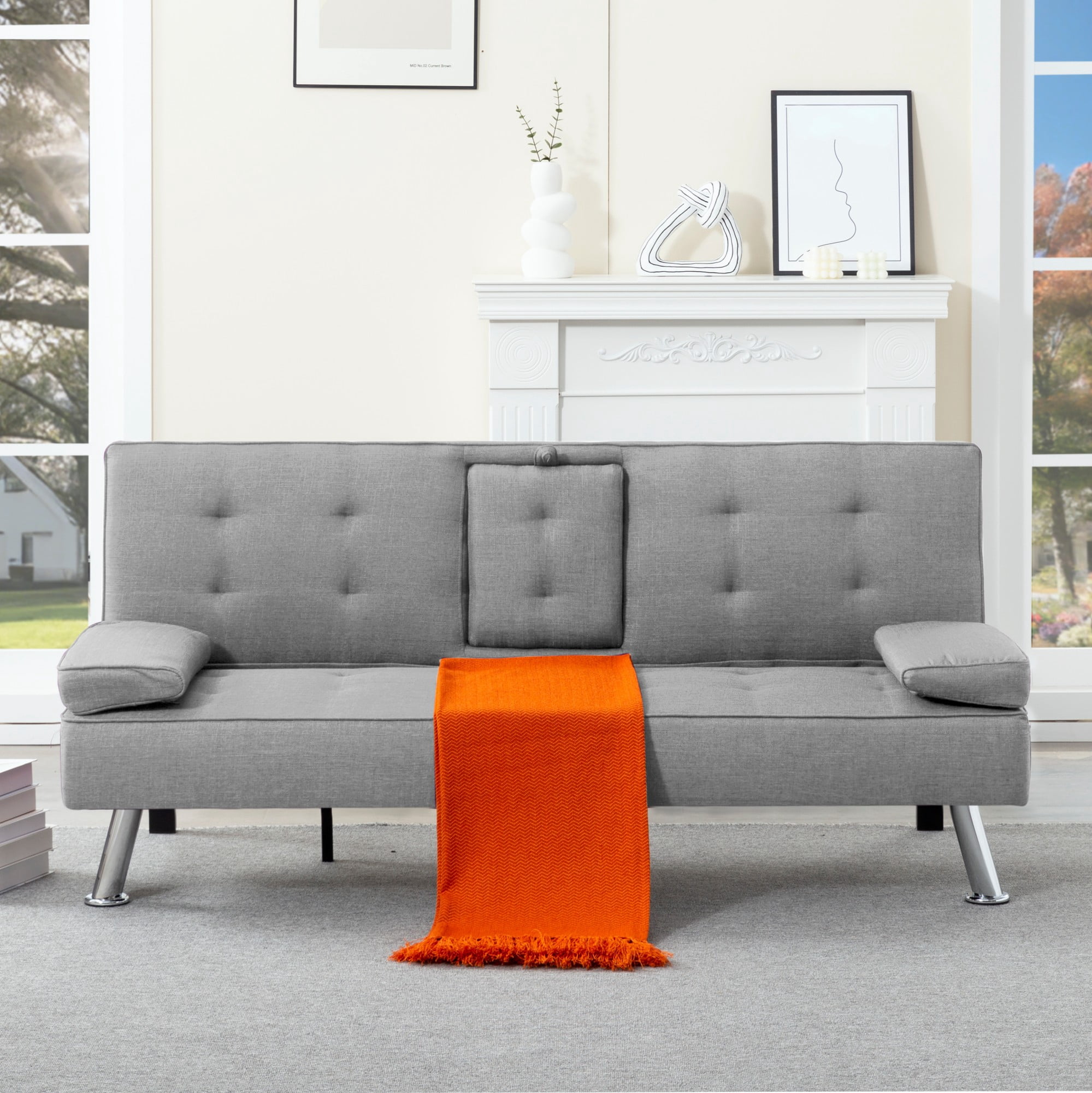 BSHTI 69.49" Fabric Convertible Futon Sofa Bed with Drop-Down Console, 2 Cup Holders, 5-Position Backrest, Side Pocket for Living Room（Light Gray）