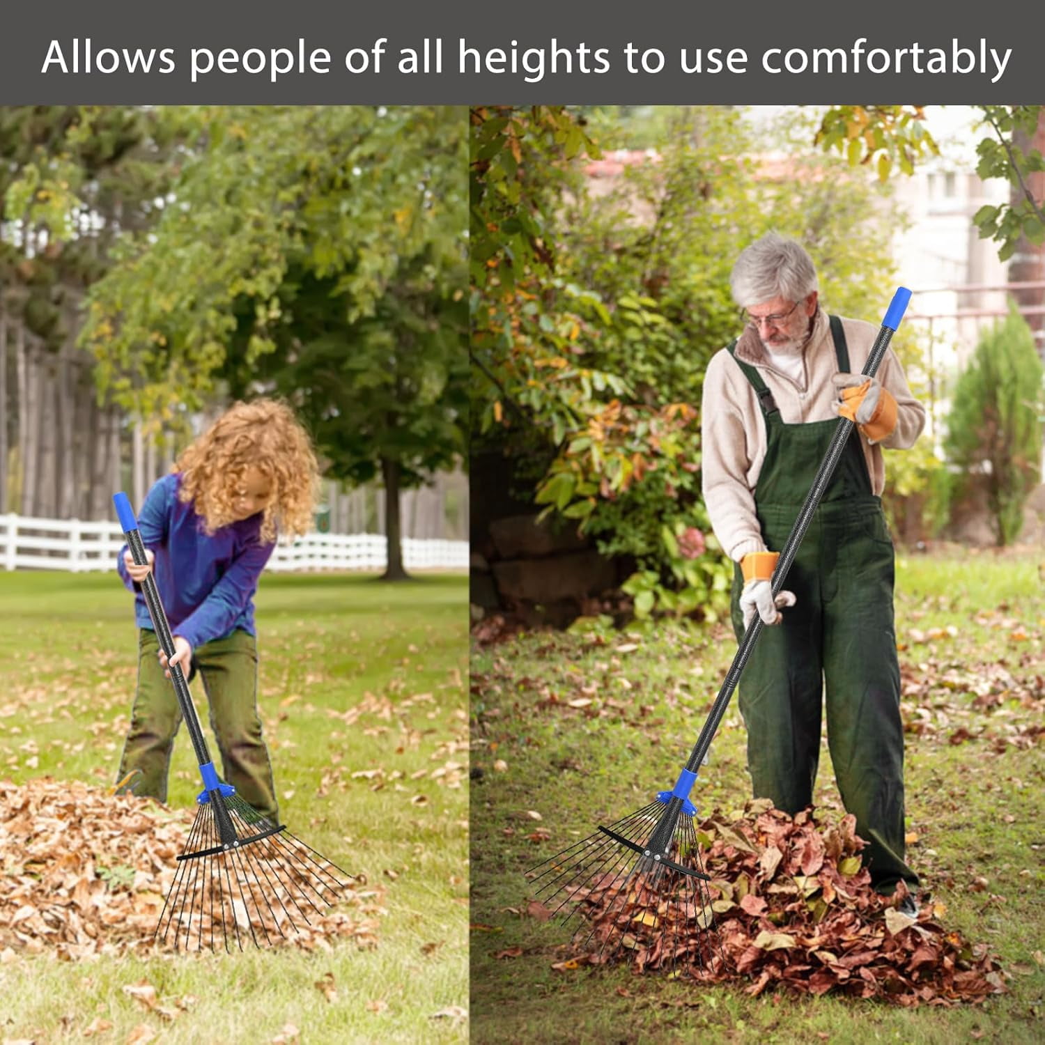 OLIYNEDY Adjustable Garden Leaf Rake 67 inch, Collapsible Metal Yard Rake for Leaves with Expandable Head 8-17"