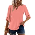 thumbnail image 3 of Bbyeadc Summer Blouses for Women 3/4 Length Sleeve V neck Shirts Solid Color Comfortable Tunic Tops Fashion Spring Tee,Pink(L), 3 of 5