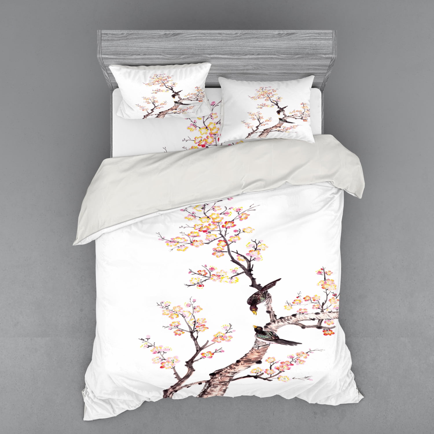 Art Duvet Cover Set, Traditional Chinese Paint of Flowers Plum Blossom
