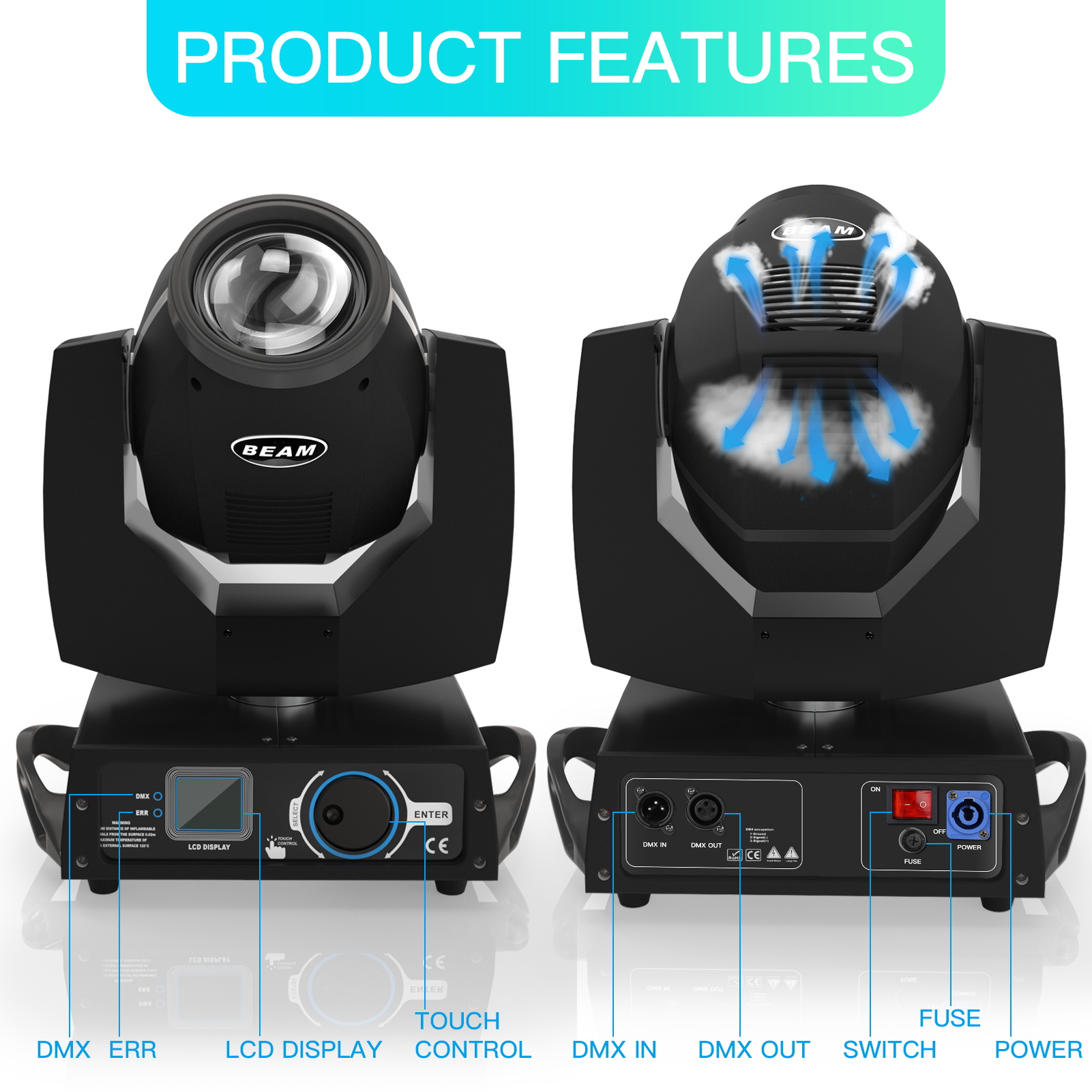7R 230W DJ Lights, 8 Prisms Beam Sharpy Moving Head Stage Lights 17 Gobos 14 Colors LED Disco Party Lights DMX Club Light for Weddings Christmas Dance Show,Black