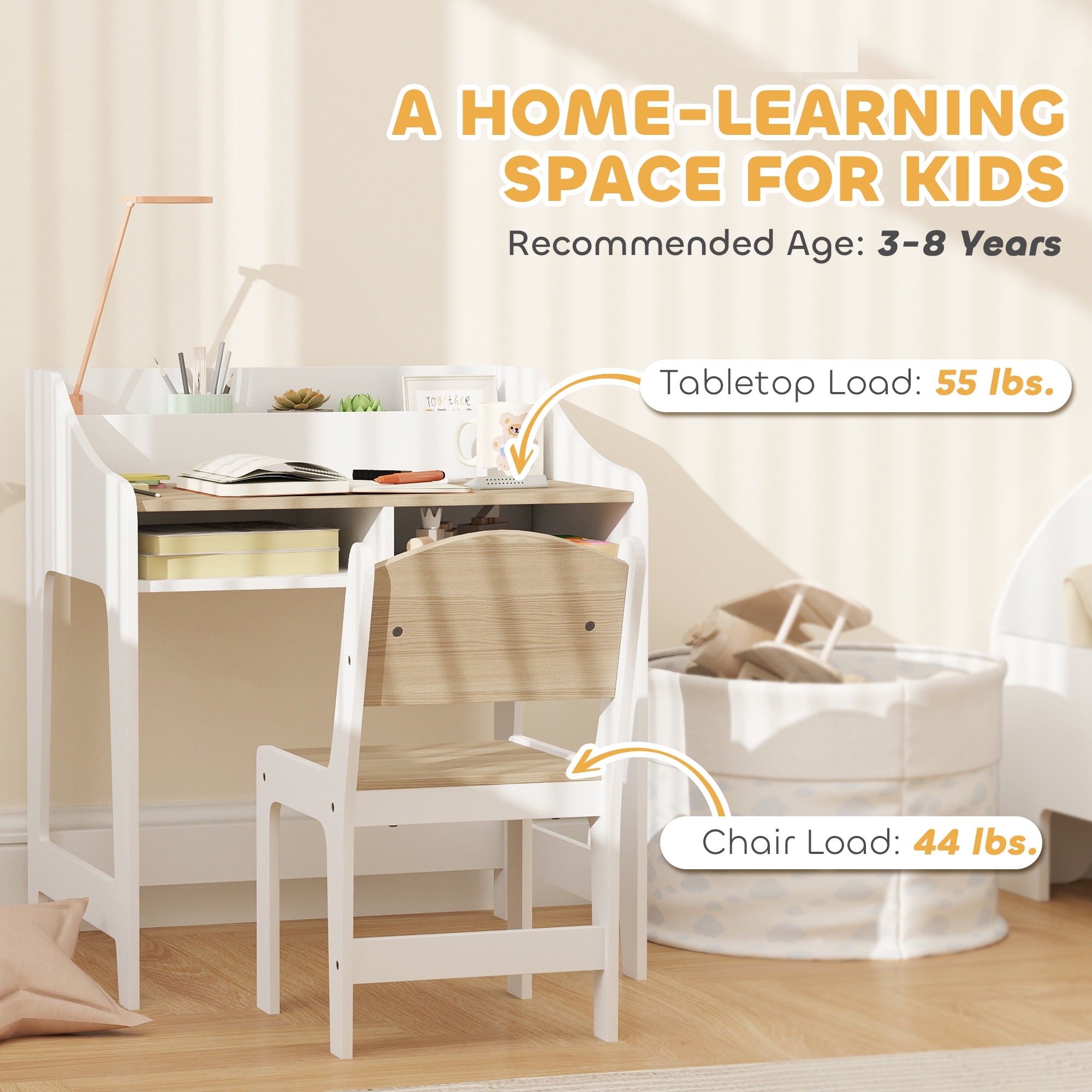 Qaba Kids Desk and Chair Set, Children Study Table with Storage Shelves, Student Writing Desk for Bedroom & Study Room, 3-8 Years Old, Natural Wood
