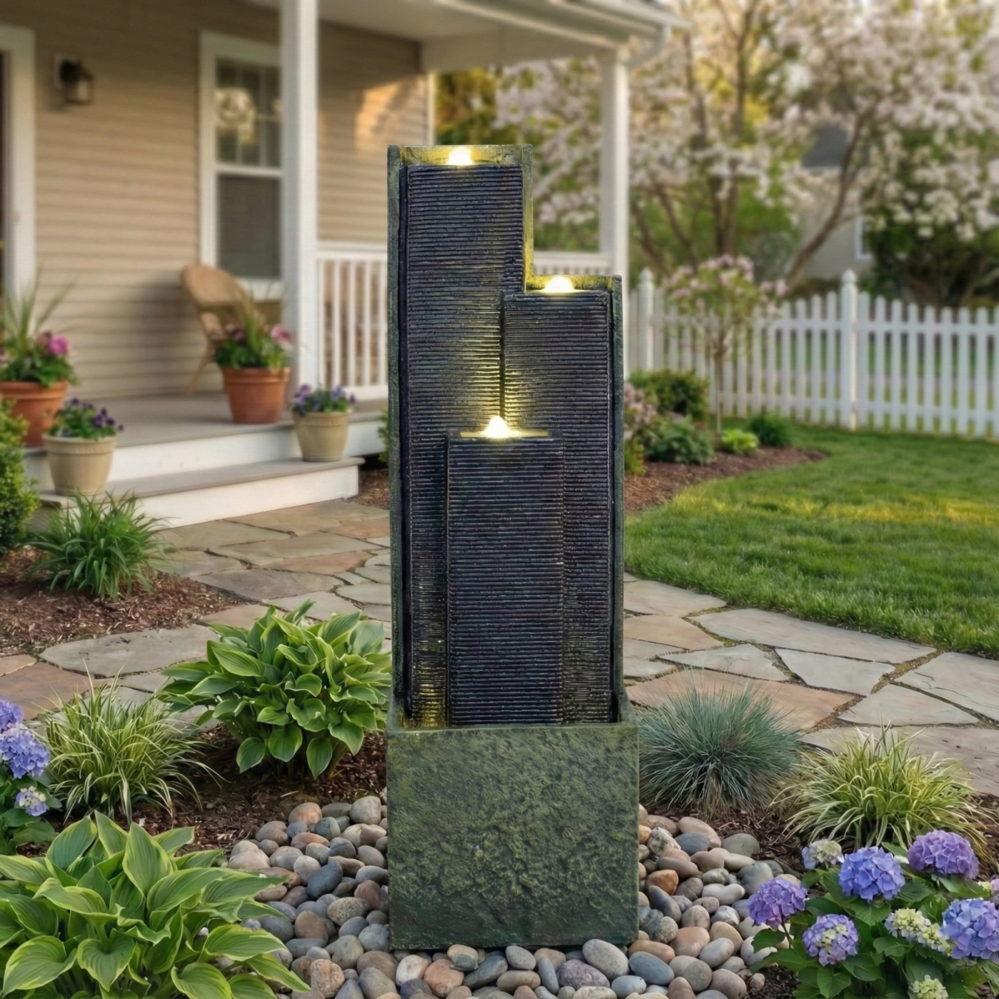 40" Outdoor Water Fountain with LED Lights, Modern Geometric Tiered Waterfall Fountain, Ribbed Column Water Feature for Garden, Patio and Backyard Decor