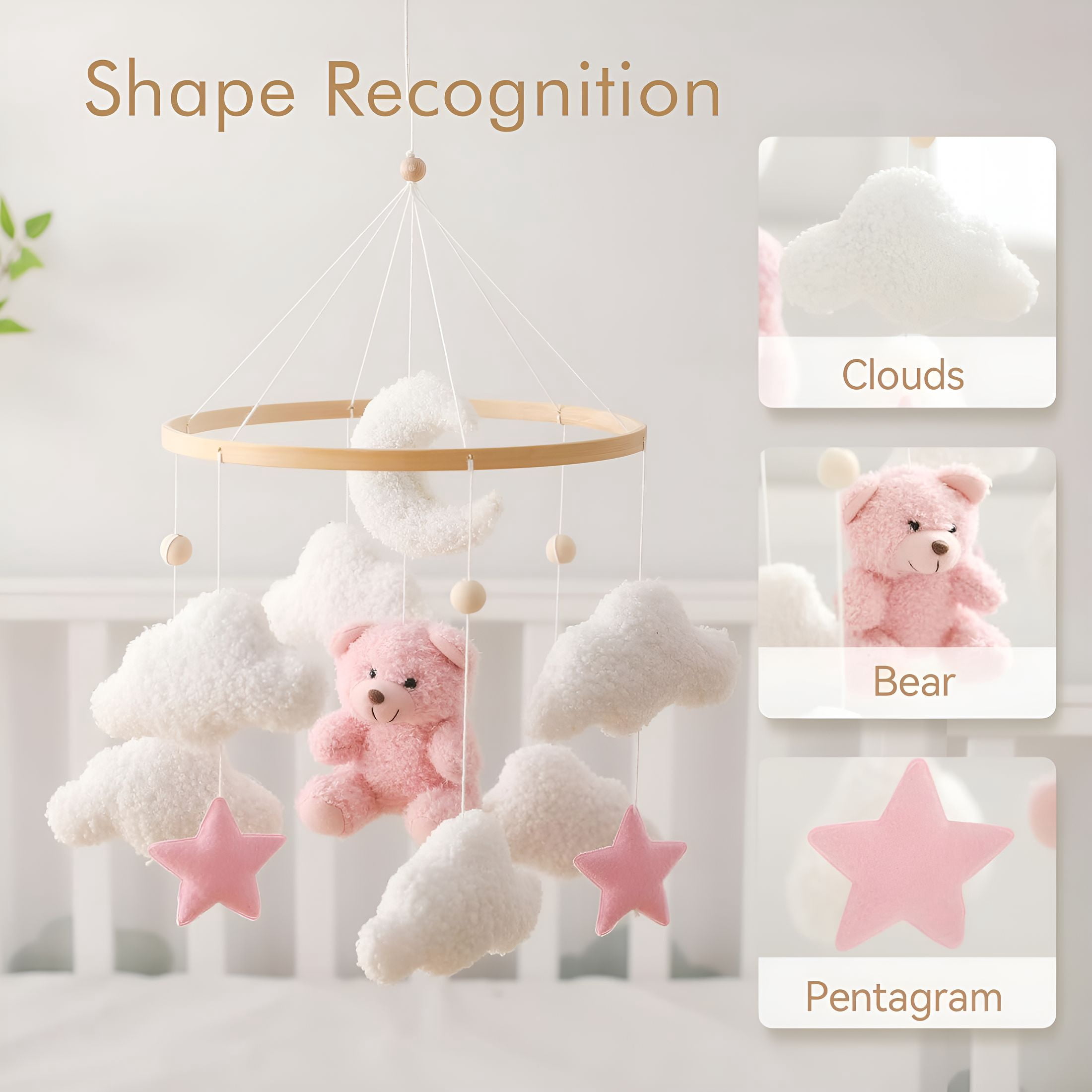 XIBUFE Baby Crib Mobile Bear Nursery Mobile for Boys Girls Teddy Velvet Mobile Nursery Decor for Infant Bedroom Hanging Baby Mobile for Bassinet Newborn Baby Gift（Pink Bear）