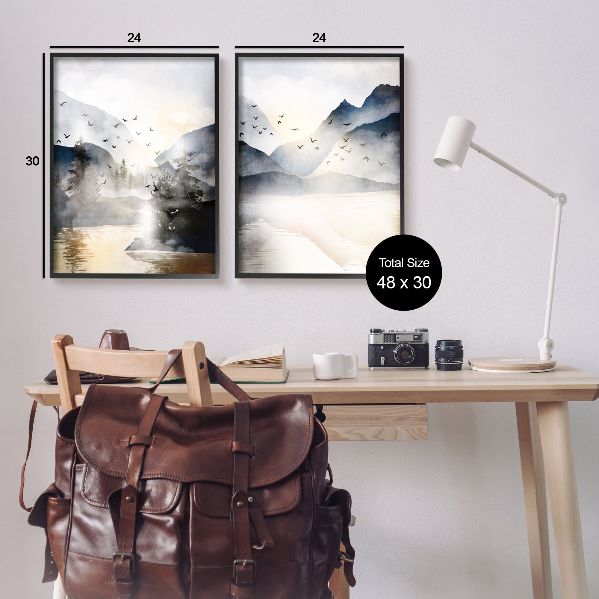 Stupell Sunlit Birds Over Lake Landscape Landscape Painting Black Framed Art Print Wall Art, Set of 2