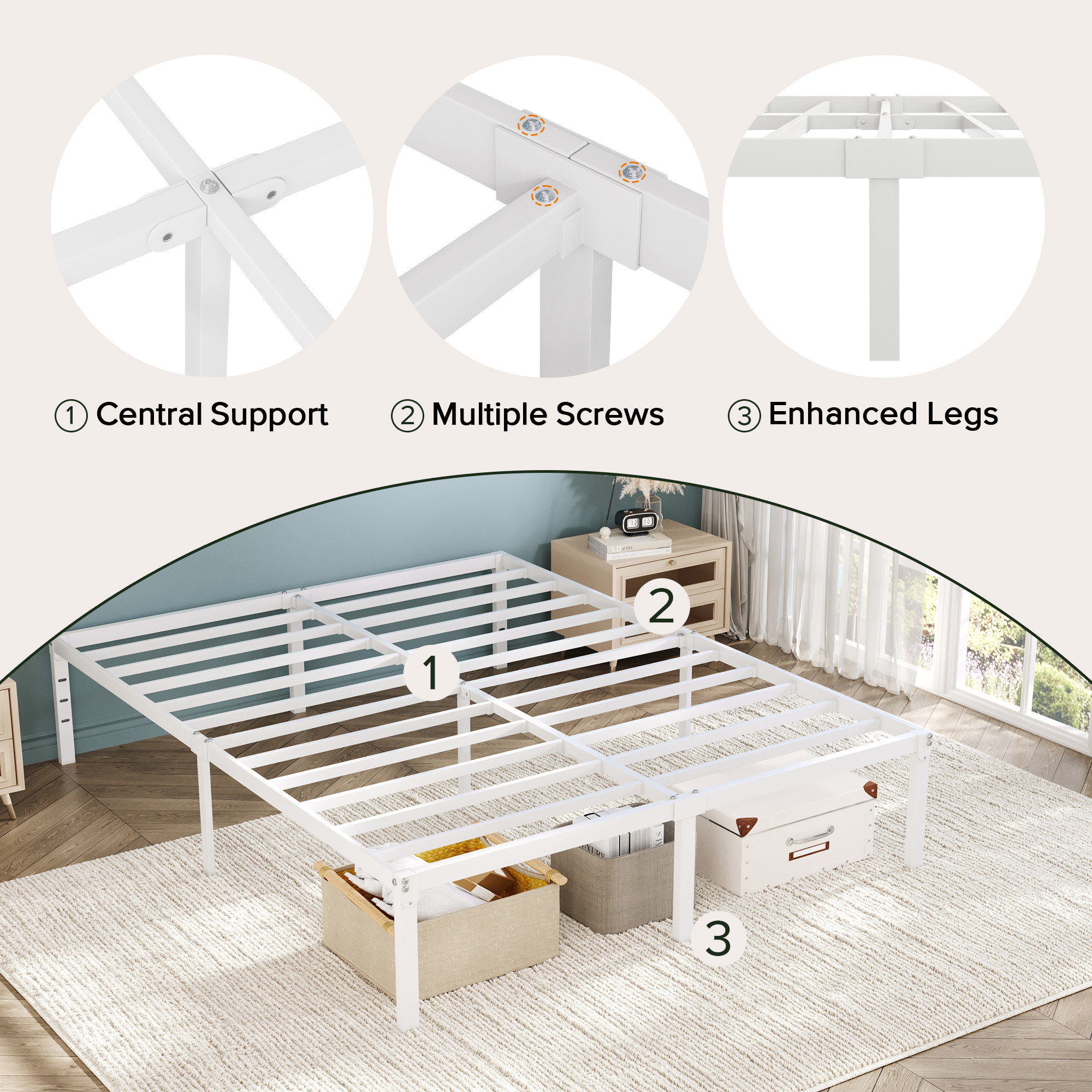Einfach Full Bed Frame, Heavy Duty, No Box Spring Needed, White – picture 8
