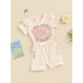 thumbnail image 3 of Bslissey Toddler Baby Girls Summer Clothes Ruffle Short Sleeve Letter Floral Print Tops + Drawstring Shorts 2Pcs Outfits Infant Cute Short Pants Sets 6M 12M 18M 24M 3T, 3 of 9