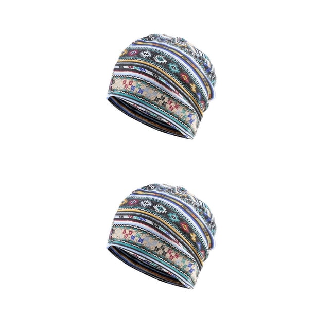 Qarigey Beanie Hat Estilo bohemio Hijab musulmán preatado Turbante colorido Moda Protección para los oídos Gorros para dormir Gorro Raya Raya azul 2piezas