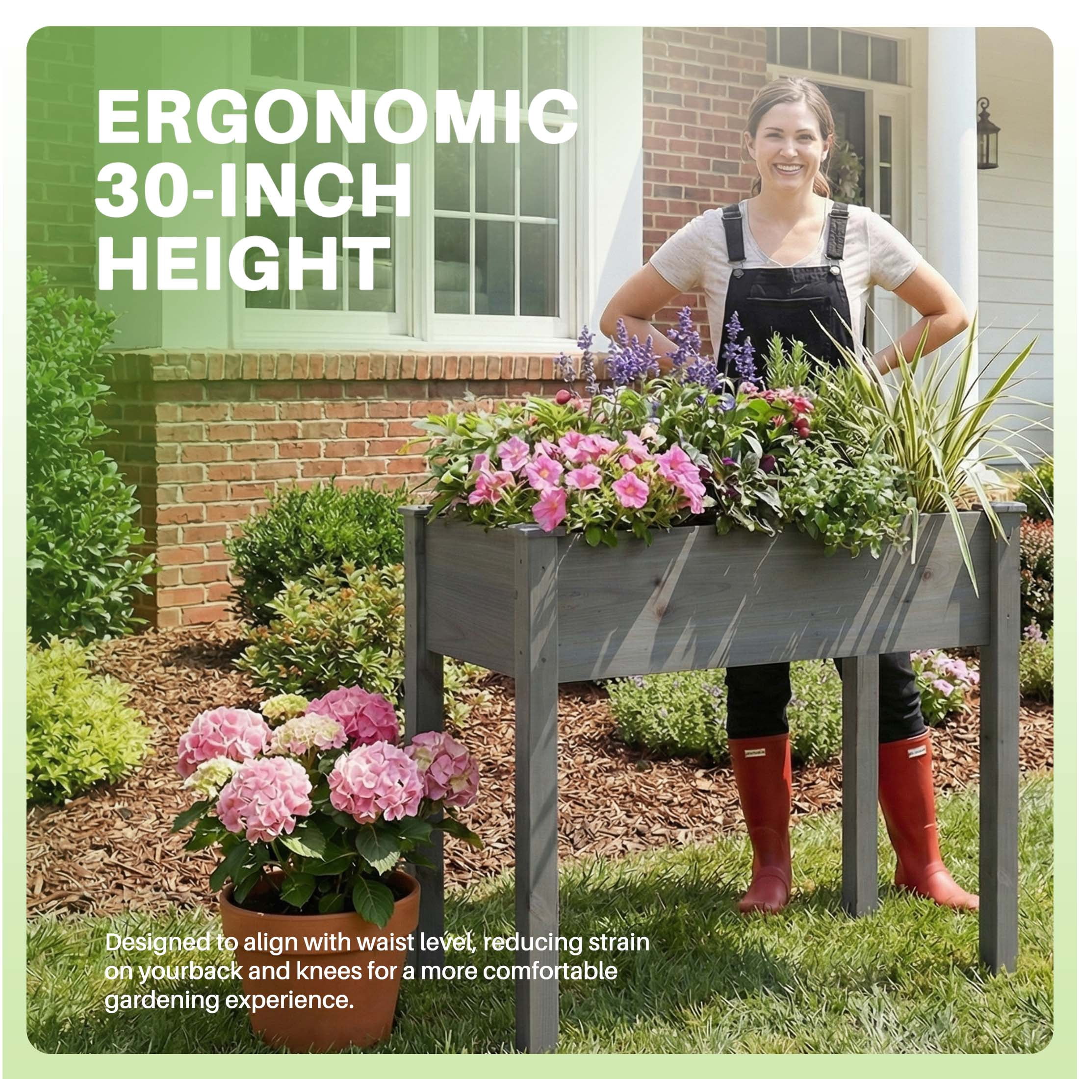 CONCETTA Wooden Raised Garden Bed - Elevated Planter Box with Drainage & Liner, 34" x 18" x 30" for Backyard/Patio/Balcony (Gray)