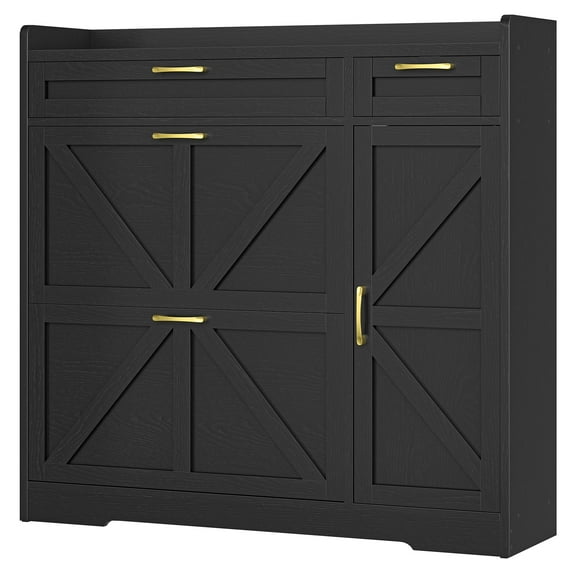 HOOBRO Shoe Cabinet, Floorstanding Tipping Bucket Shoe Cabinet, Entryway Shoe Organizer with Drop-Down Drawers, Shoe Storage Rack with Adjustable Side Cabinet, for Entryway, Black BK106SC01G1