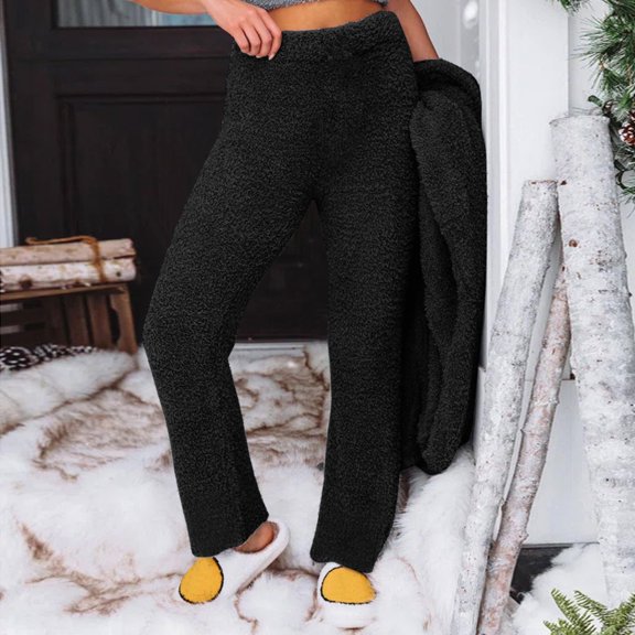Women's Fleece Lined Thermal Pants, High Waisted Elastic Casual Sweatpants, Solid Color Winter Lounge Pants for Outdoor, Yoga and Daily Wear-Black