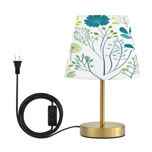 Modern Minimalist Cone Desk Lamp Antique Bronze Base & Linen Shade Bedside Table Lamp for Bedroom Living Room, Office, Dorm Blue-green Plants Medium