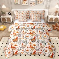 Homewish Boho Chicken 7 Pieces Bedding Comforter Set,Rustic Flower Full Bedding Set,Orange White Fitted Sheet Flat Sheet For Men Women,Microfiber Bedroom Decor Reversible