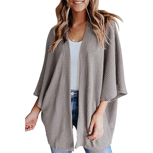 LinYooLi Women's Kimono Open Front Waffle Knit Cardigans Solid Sweater Batwing Sleeve Shawl Collared Soft Slouchy Cloak