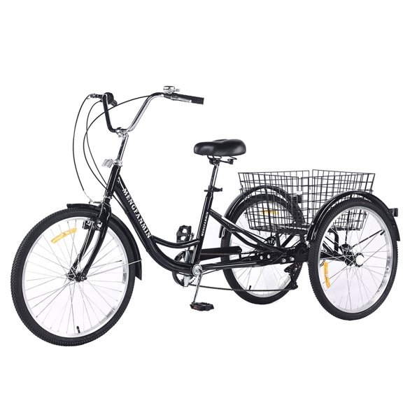 MENGFANMIN Adult Tricycle 7 Speed, 24 Inch 3 Wheel Bikes Extended Rear Wheelbase Tricycle Wheel Bike with Rear Basket for Women Seniors Maximum Load 550lbs
