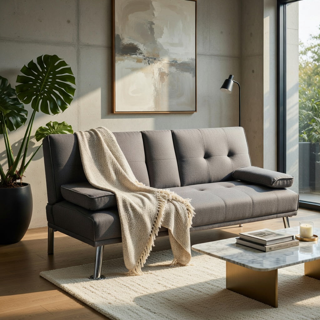 Hommoo Convertible Futon Sofa Bed with 2 Cup Holders – Linen Fabric, Iron & Pine Wood Frame, 3-Position Adjustable (Dark Gray)
