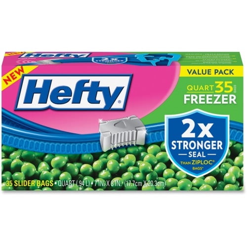 Hefty Quart Freezer Slider Bags 1 quart - 7' Width x 8' Length - Clear - 35/Box - Food