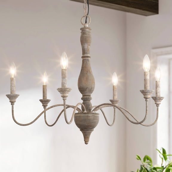 LNC 6-Light Distressed Wood and Antique White French Country LED Chandelier