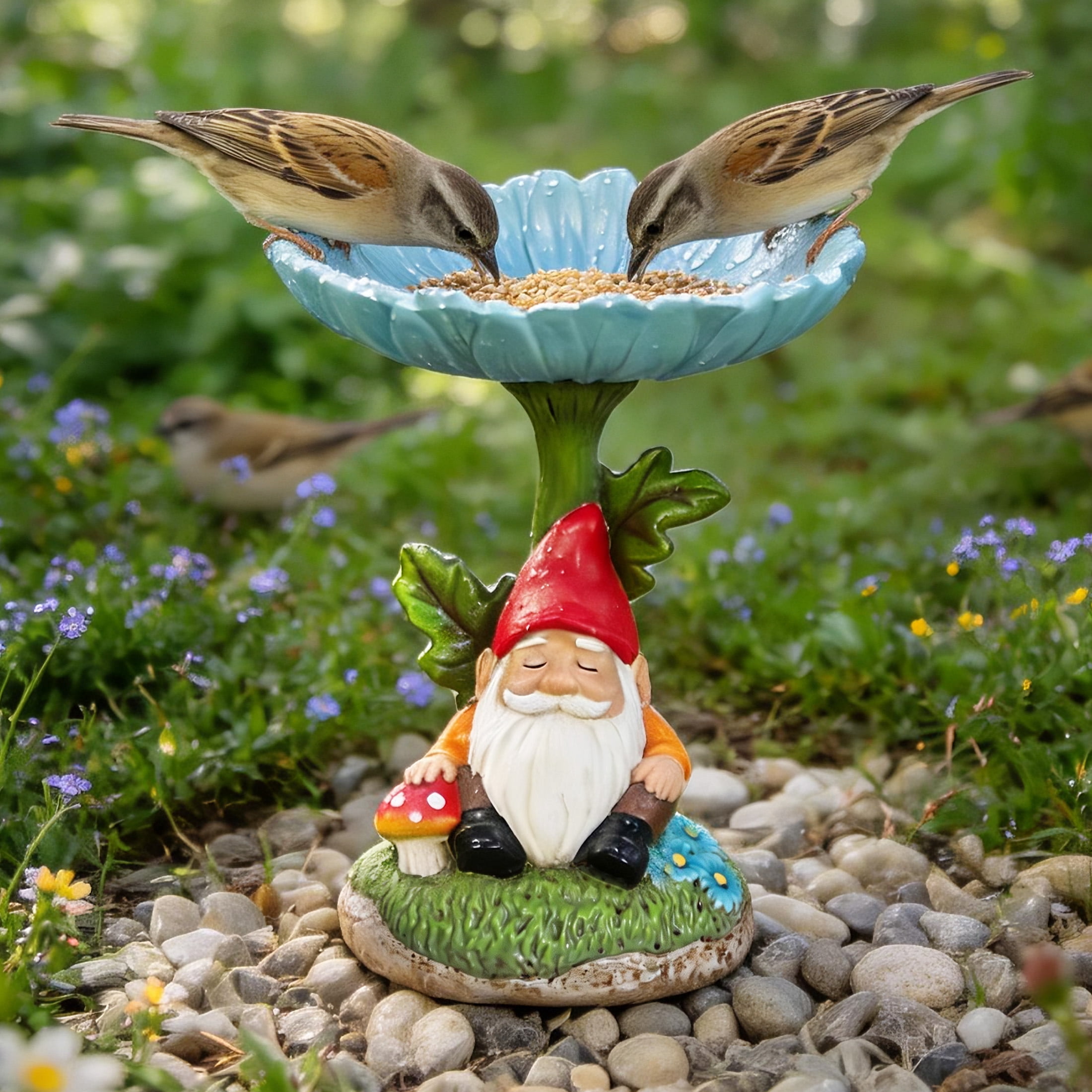 The Growing Ground Daisy Gnome Bird Feeder, Resin Garden Statue with Flower Bowl for Outdoor Patio Decor, Teal