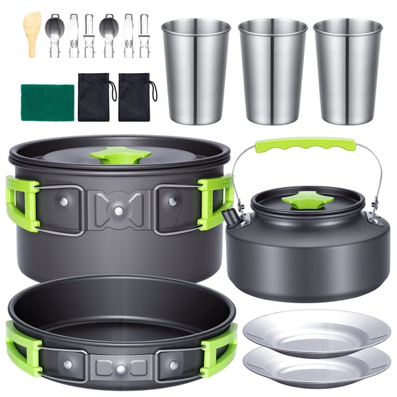 Biotree 20pcs Camping Cookware Mess Kit, Non-Stick Pot Pan Kettle Set with Stainless Steel Cups Plates Cutlery for Outdoor Camping Hiking Picnic