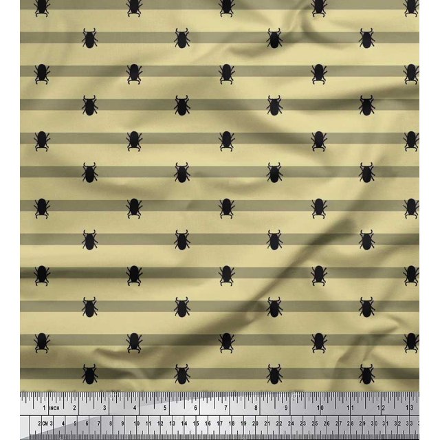 Soimoi Tissu en Coton Beige à Rayures et Imprimé de Coléoptères et Insectes, Vendu au Mètre, Largeur 42 Pouces