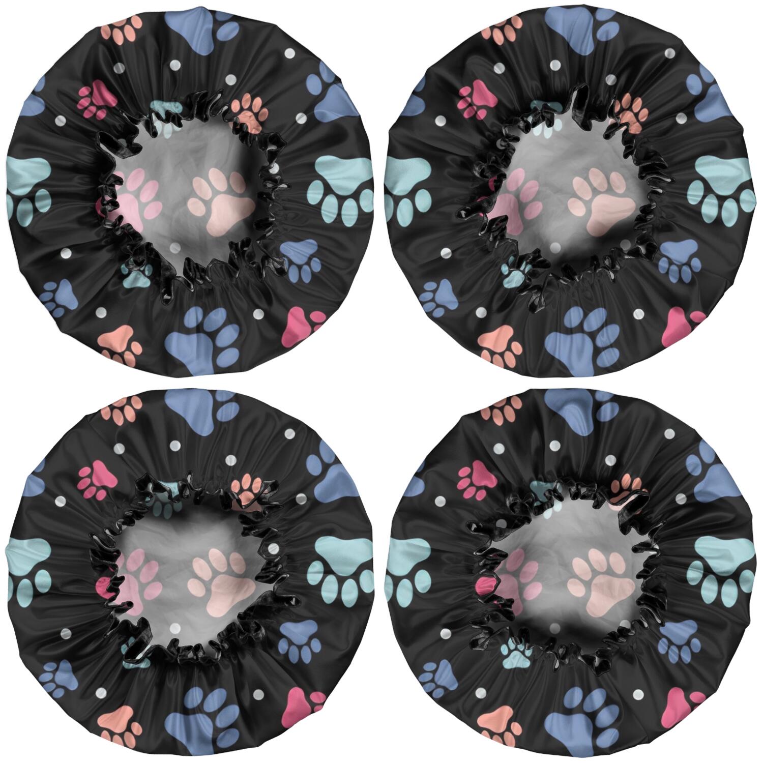 Shower Caps,Black Dog Paw Footprint Waterproof Shower Cap for Women 4 Pieces,Double Reusable Hair Cover for Shower PEVA Elastic Stretch Hem