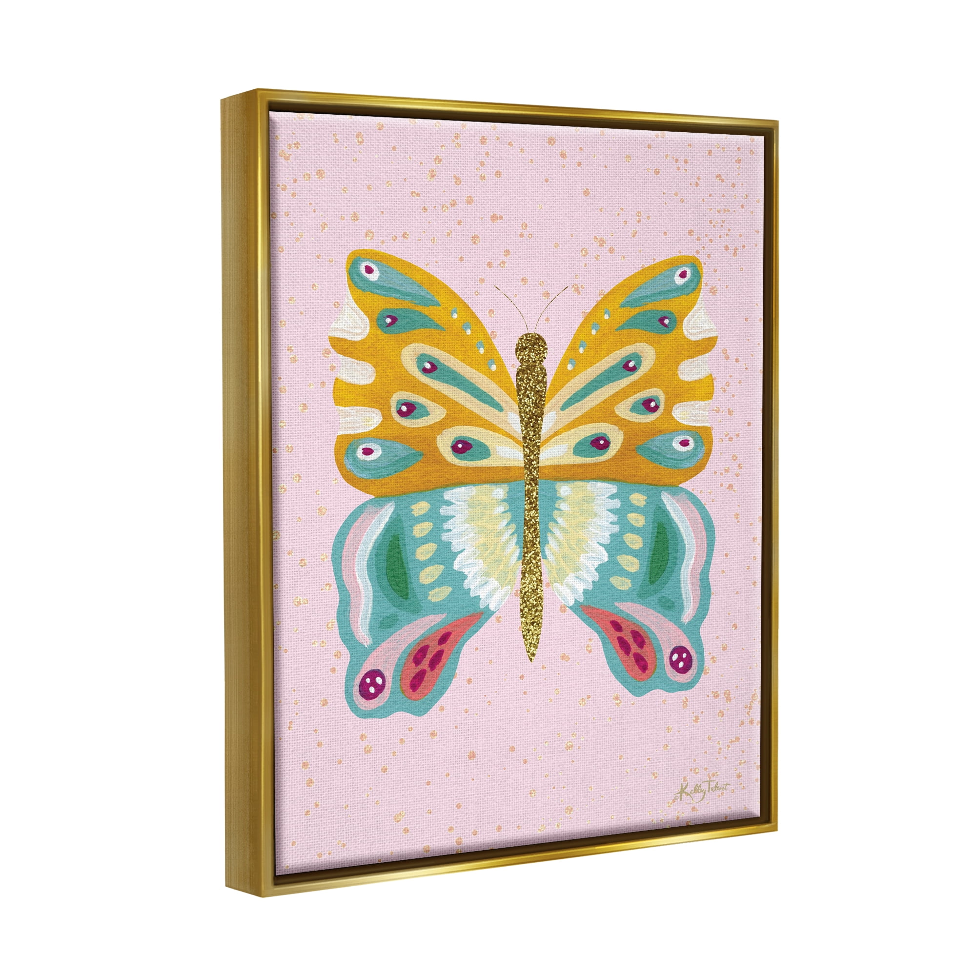 Stupell Industries Glitzy Butterfly on Pink Animals & Insects Painting Gold Floater Framed Canvas Art Print Wall Art, 25 x 31