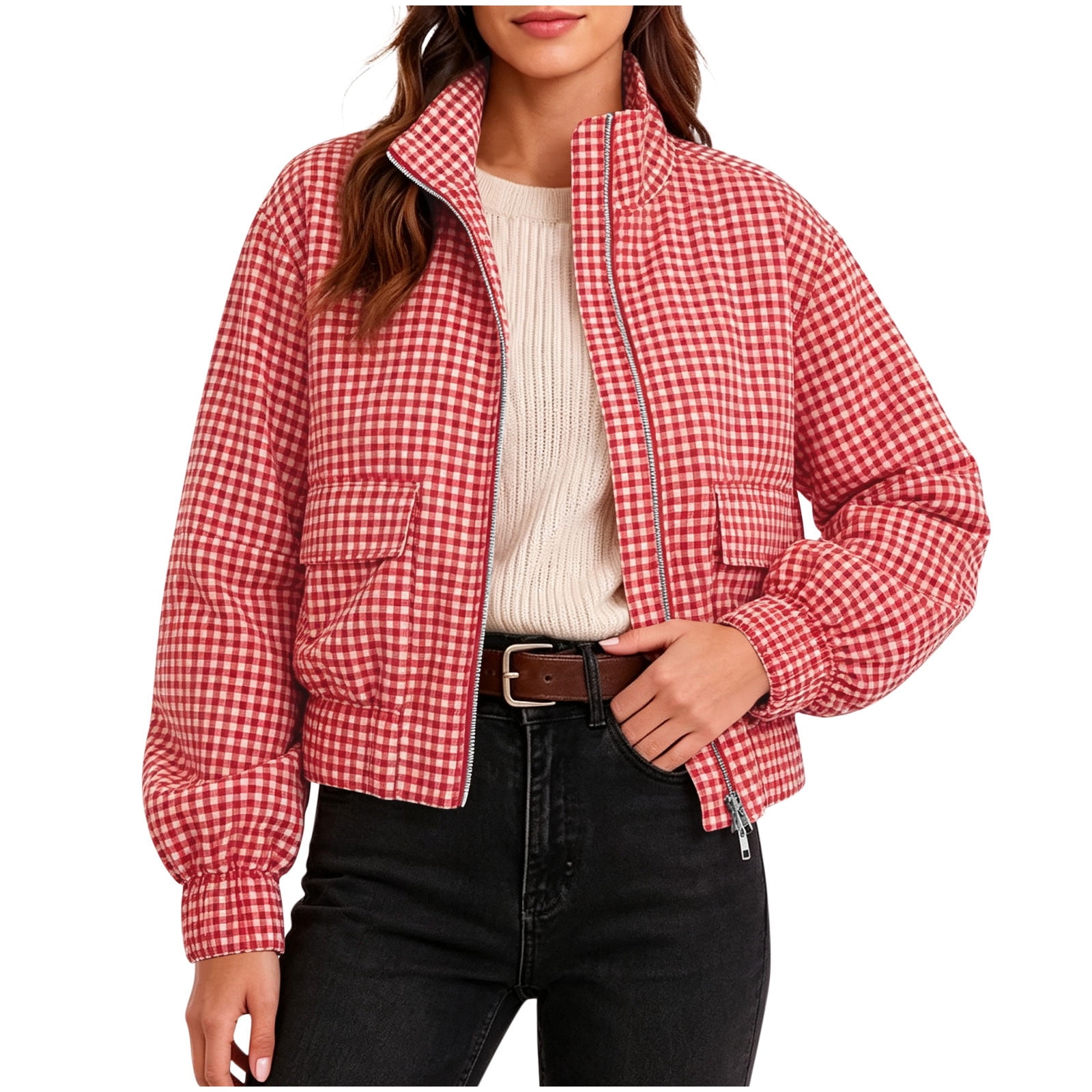 Aswuknt Womens Gingham Cropped Jacket Long Sleeve Zip Up Casual Plaid Coat Fall Bomber Jackets