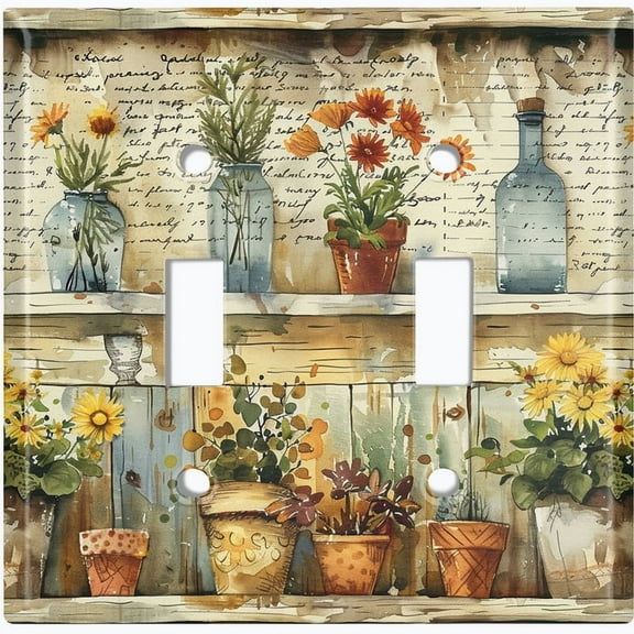 Metal Light Switch Wall Plate Outlet Cover (Vintage Flower Pots Painting - Double Toggle)