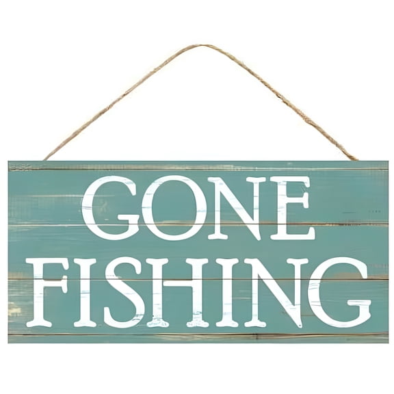 Rustic Wooden Gone Fishing Sign - 12.5" x 6", Easter, Christmas, Wreath, Vintage Aqua Wall Decor