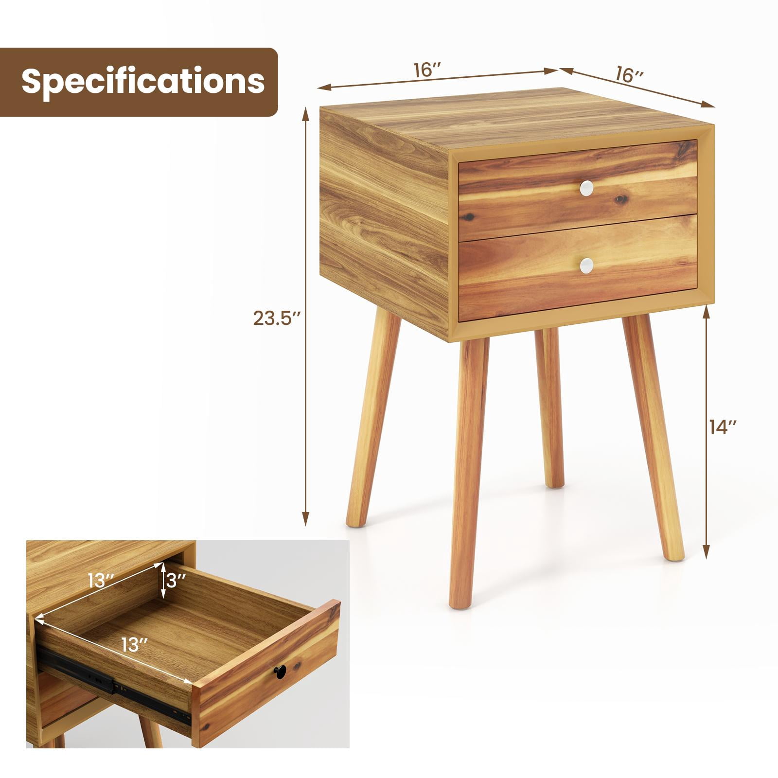 Giantex End Side Table Nightstand with Storage Drawer and Shelf, Wood Nightstand with 2-Drawers, Living Room Bedroom Furniture