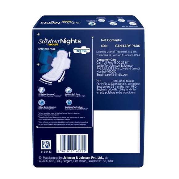 Stayfree Secure Nights Sanitary Pads, Unscented, Heavy, 120 Count