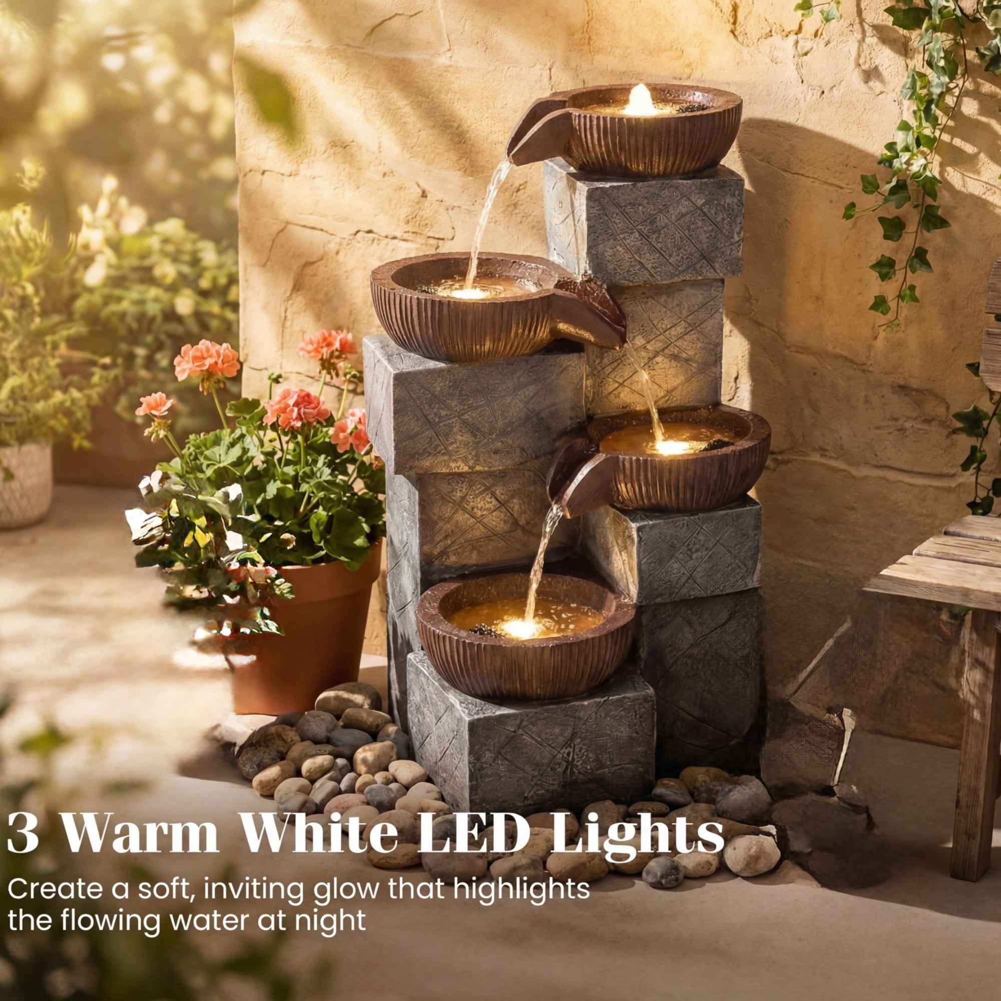 ELLEGNT 32" Outdoor Water Fountain with LED Lights – 4-Tier Cascading Fountain for Patio, Deck, Backyard, Balcony