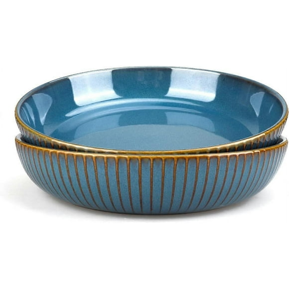 21cm Deep Plate, Ceramic Salad Bowl, Set of 2 Dinner Plate, Blue